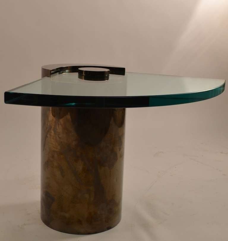 Art Deco Karl Springer Drum End Table with Wedge Plate Glass Shelf