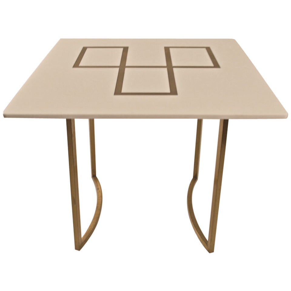 Elegant Squared Brass and White Glass Table For Sale