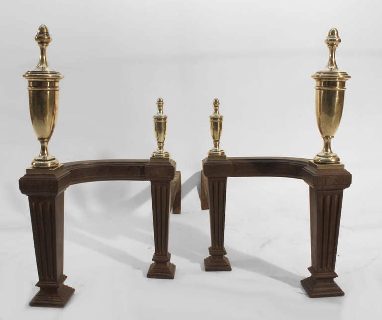 Great Pair Classical Chenets Andirons - Brass Urn form finials on heavy cast iron bases.