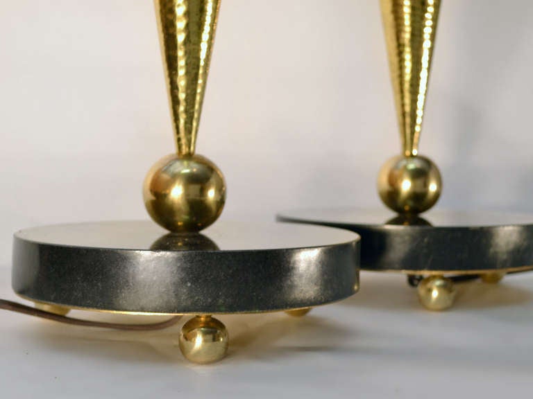 20th Century Pair of Hammered Brass and Marble Table Torchieres For Sale