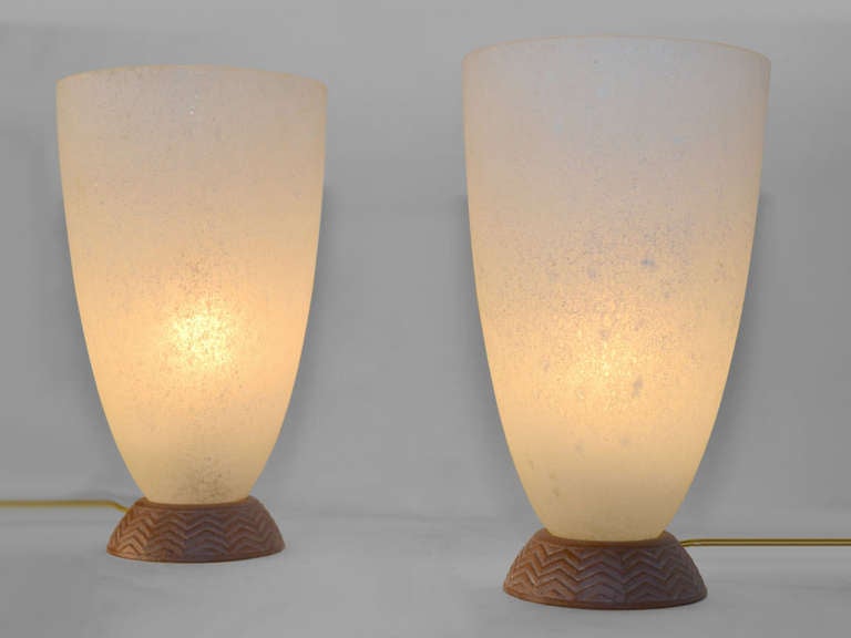 Art Deco Pair Coroso Finish Murano Glass Urn Form Lamps For Sale