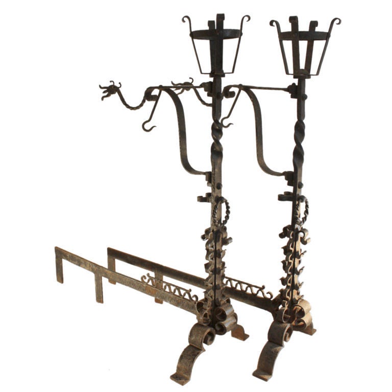 Large Pair Hand Wrought Gothic Arts and Crafts Andirons For Sale