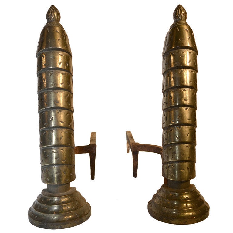 Pair Art Deco andirons, constructed of cast iron with a faux bronze finish.  Fine estate condition.