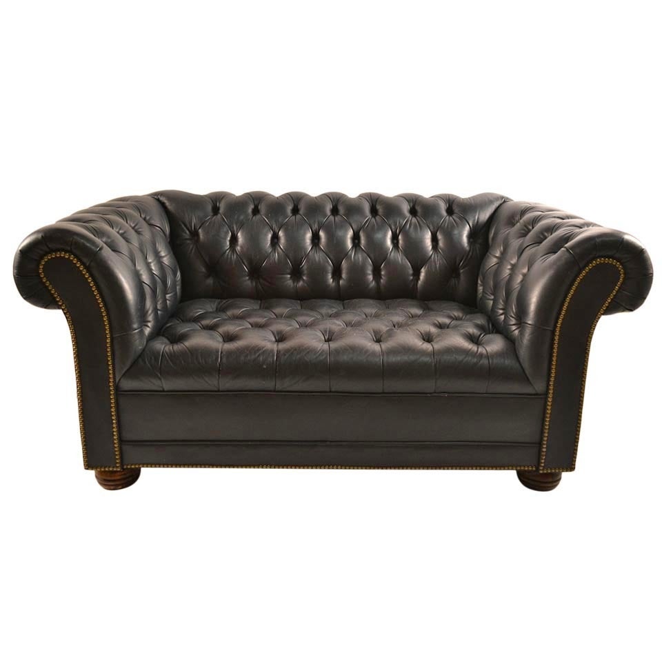 Dark Navy Tufted  Leather Chesterfield with Brass Stud Trim