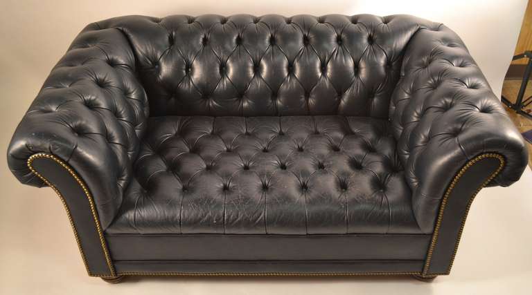 American Dark Navy Tufted  Leather Chesterfield with Brass Stud Trim