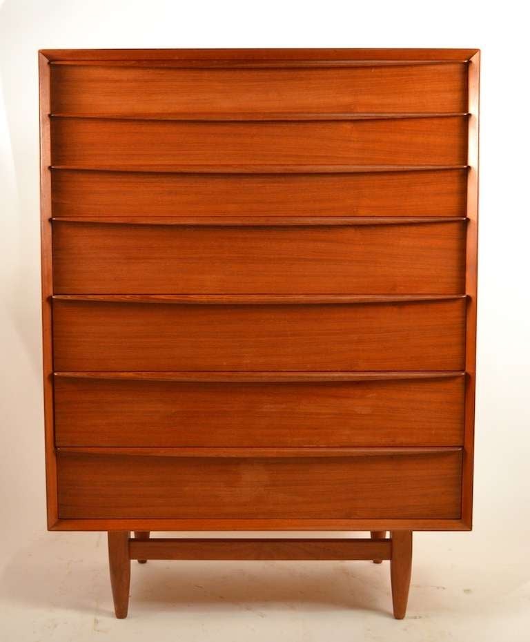 Danish Modern Teak seven drawer high boy, chest of drawers. Normal wear to finish ( original ) ready to use condition.