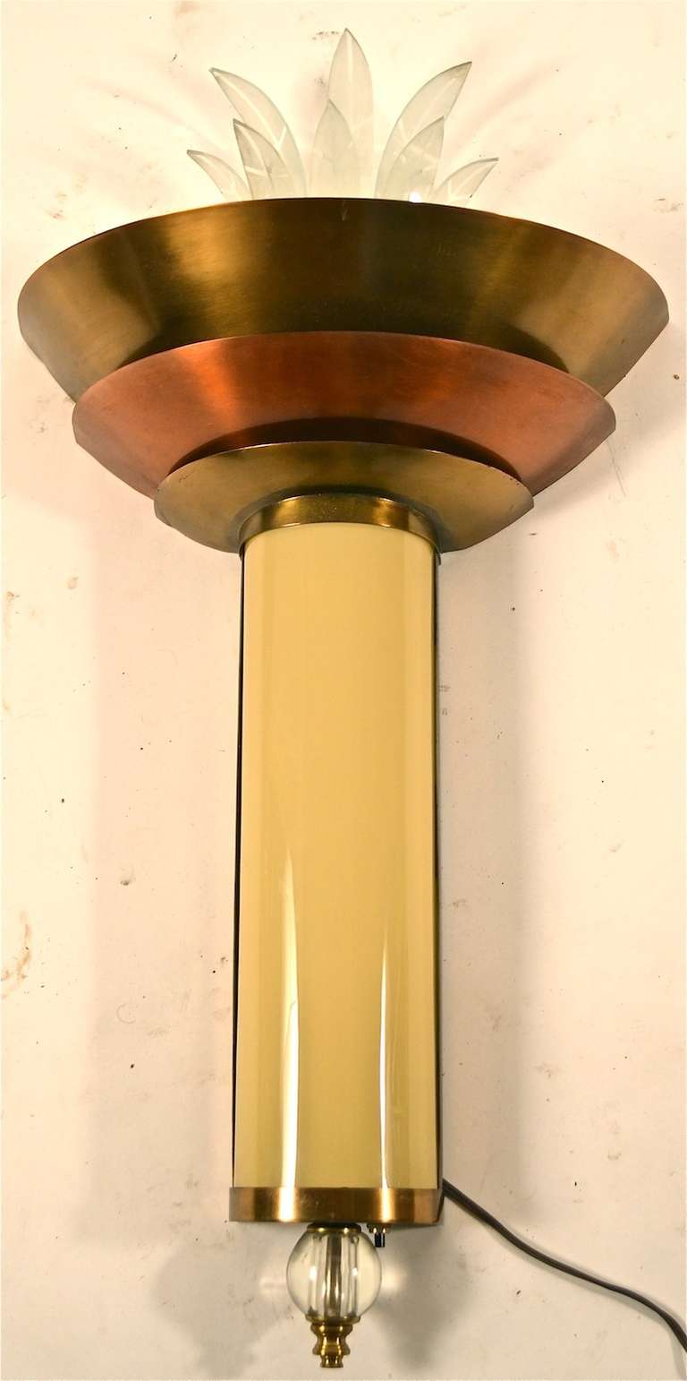 Pair of stylish Art Deco sconces, three tier top, with glass 