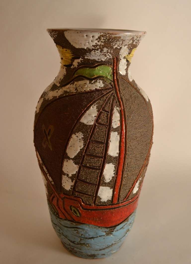 Italian Pottery Vase with Sailing Ships