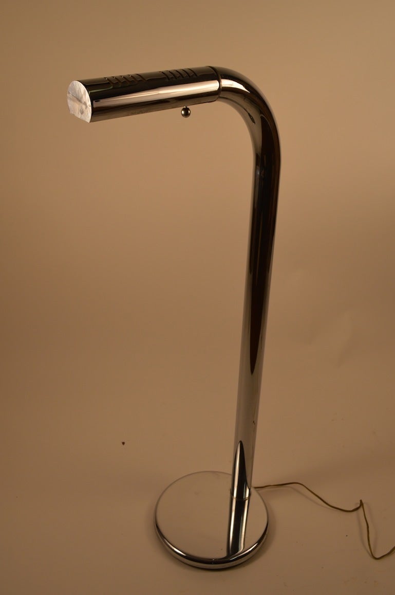 Tubular chrome Mod Floor Lamp, by Robert Sonneman. The vented hood shade tilts to direct the light, working, clean, original condition.