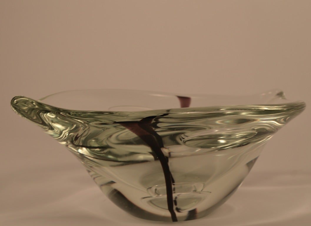 Great quality Murano Art Glass bowl, attributed to Seguso. Perfect condition, heavy clear body with purple stripe. Substantial and impressive centerpiece bowl.