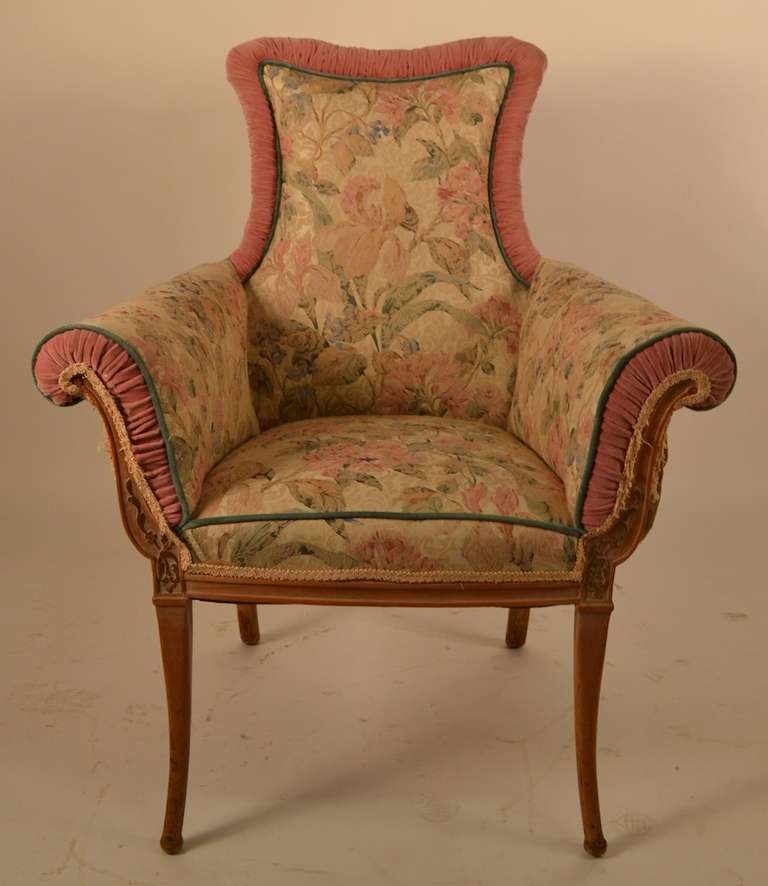Pair of stylish occasional chairs, carved wood frames, with upholstered seat, arms and back Will need to be reupholstered.