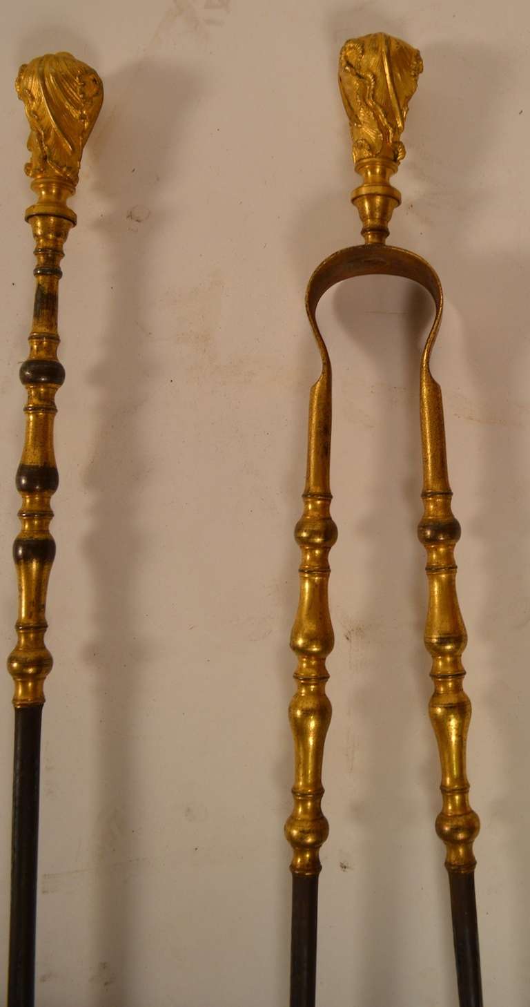 Brass Two French Gilt and Steel Fire Tools For Sale
