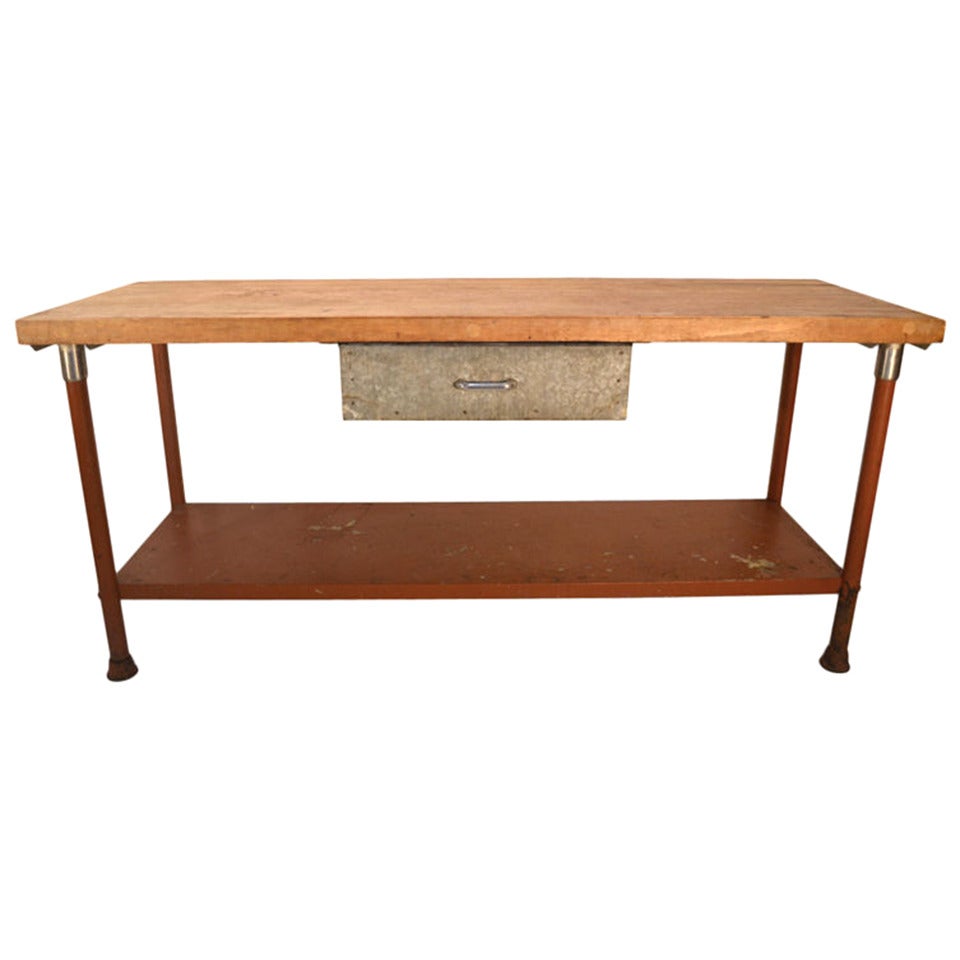 Long Industrial Kitchen Work Station Butcher Block Iron Base Table