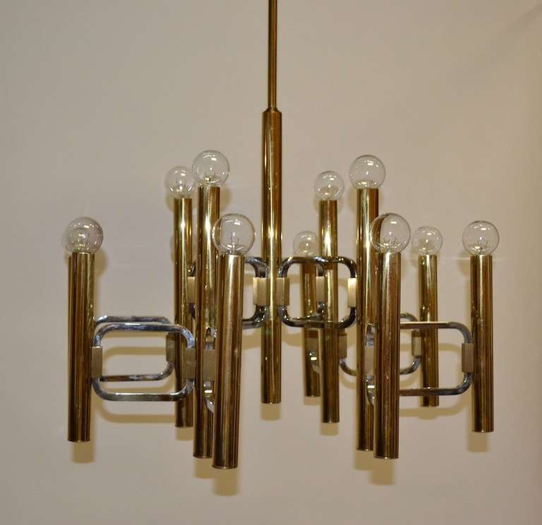 Twelve Light Sciolari Brass and Chrome Chandelier for Lightolier 2