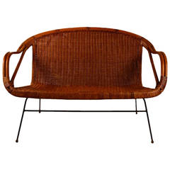 Vintage Stylish Bamboo and Wicker Settee or Loveseat