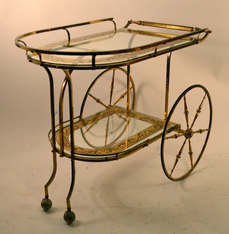 Brass and Eglomise Glass Serving Bar Trolley Cart In Good Condition In New York, NY