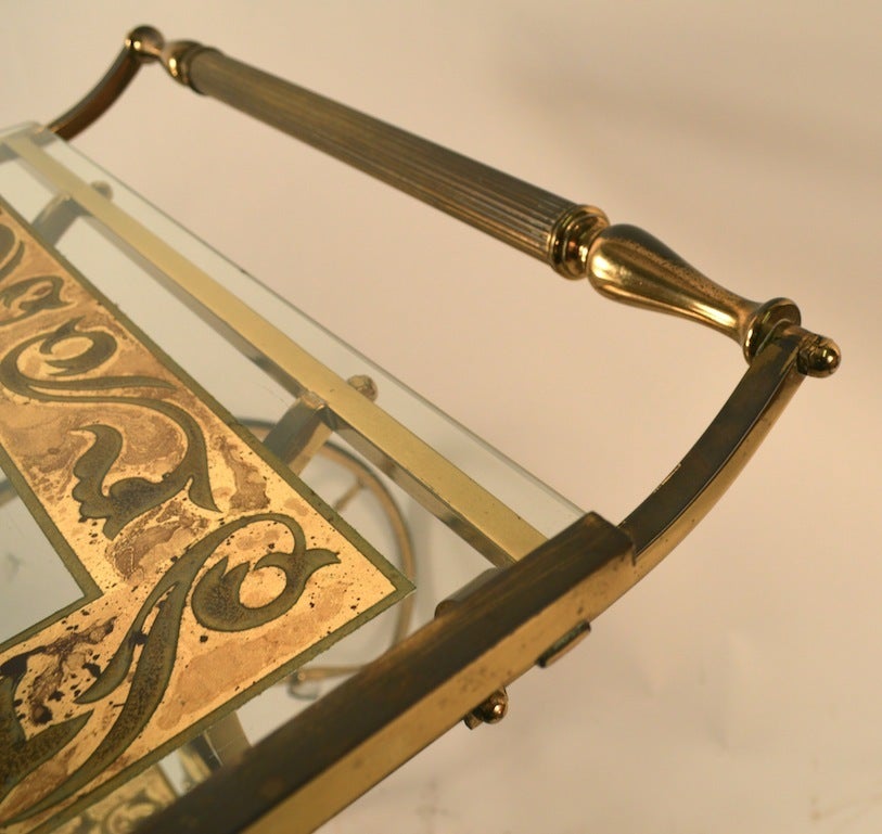 Mid-20th Century Brass and Eglomise Glass Serving Bar Trolley Cart