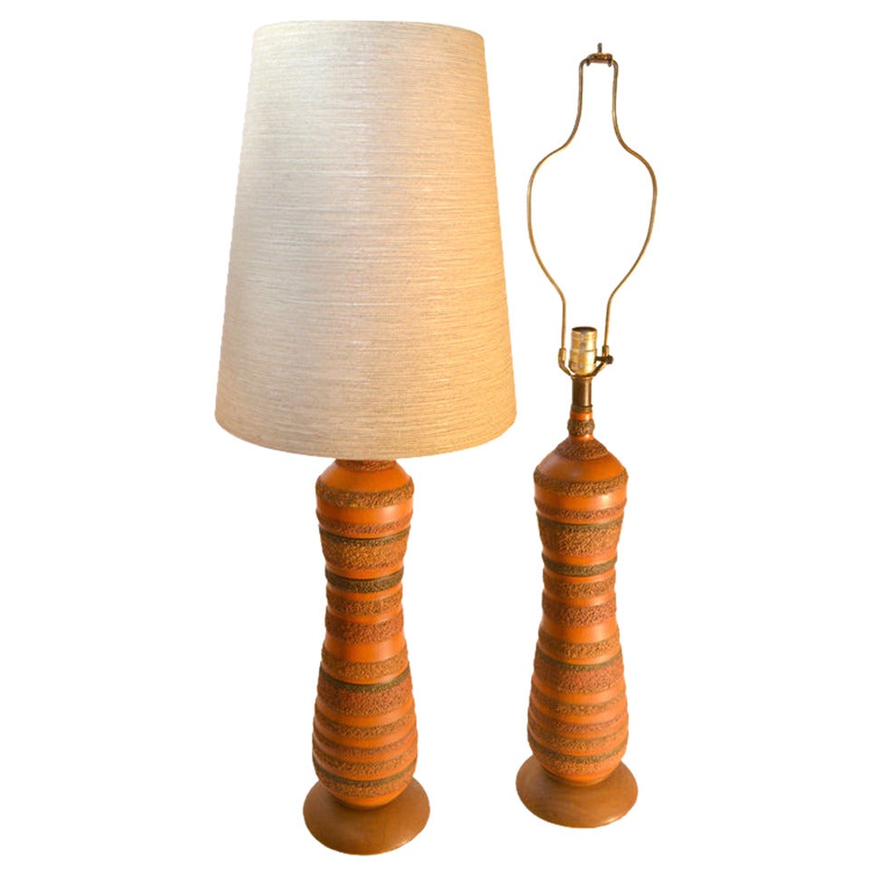 Pair Textured Ceramic Table Lamps In Fine Original Condition  For Sale