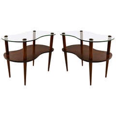 Pair Two Tier Glass Top Amoeba Form End Tables After Rohde