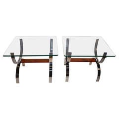 Pair Glass Top Chrome U Base Tables Attributed To Milo Baughman