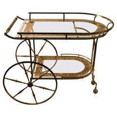 Vintage Brass and Eglomise Glass Serving Bar Trolley Cart