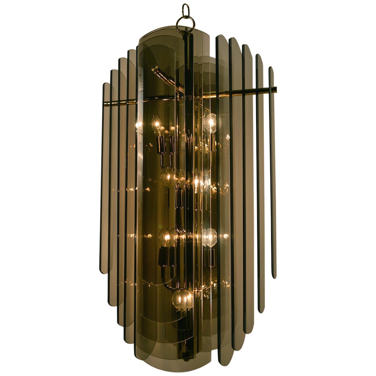 Smoked Glass and Brass Chandelier by Lightolier