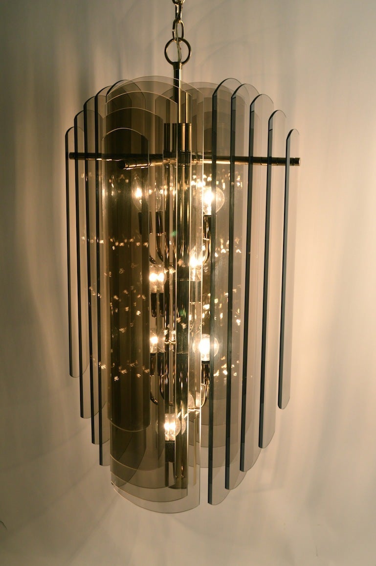 Mid-Century Modern Smoked Glass and Brass Chandelier by Lightolier
