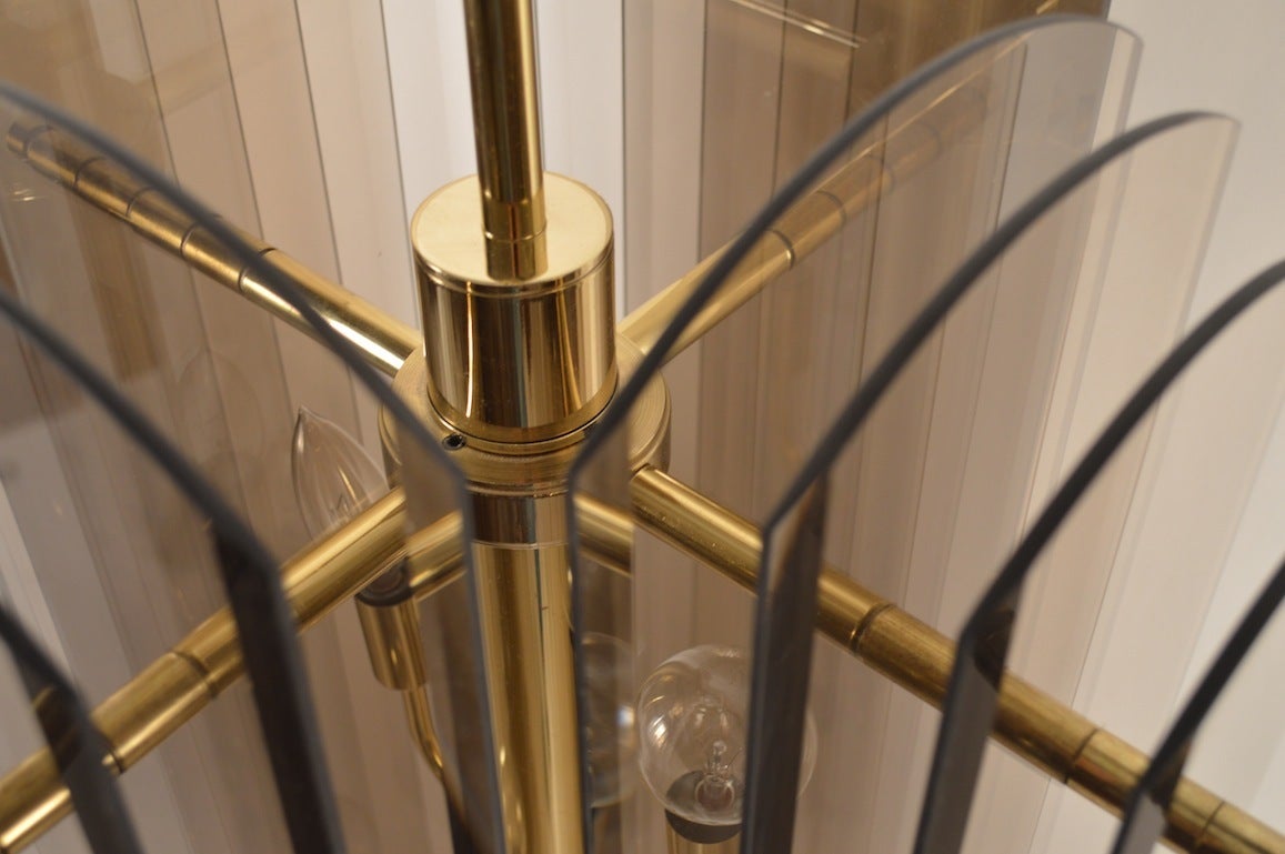Smoked Glass and Brass Chandelier by Lightolier In Excellent Condition In New York, NY
