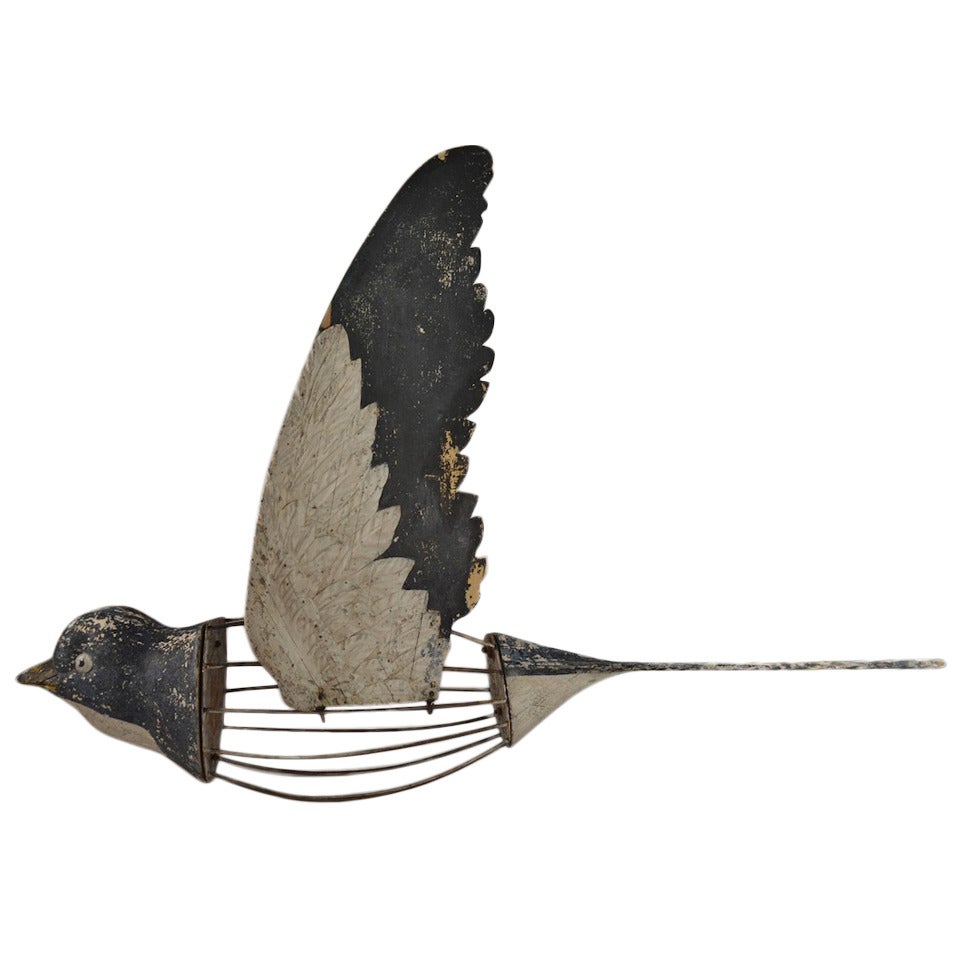Französisches Carousel-Ride des 19. Jahrhunderts, geschnitzter Holz Sparrow mit Metallgehäuse