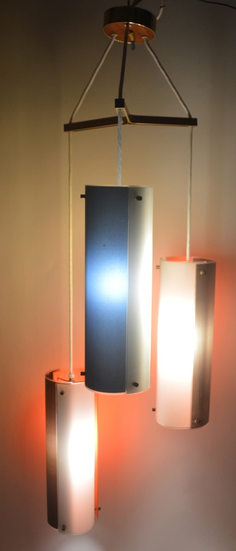 Mid-Century Modern Three-Light Tubular Glass Cascading Form Chandelier For Sale