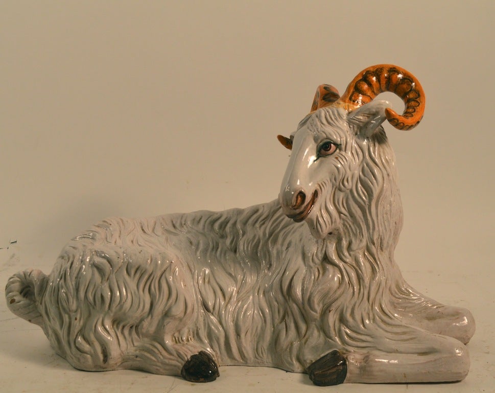Large decorative pottery goat, made in Italy, ceramic with majolica glaze.