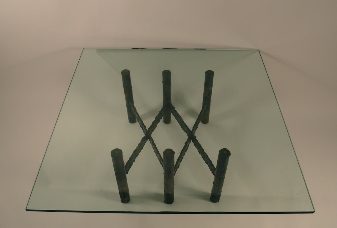 Brutalist welded steel base, plate glass top table, signed Paul Evans.