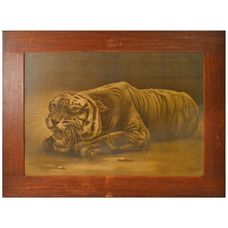 Overscaled Arts and Crafts Mission Oak Framed Tiger Print For Sale at