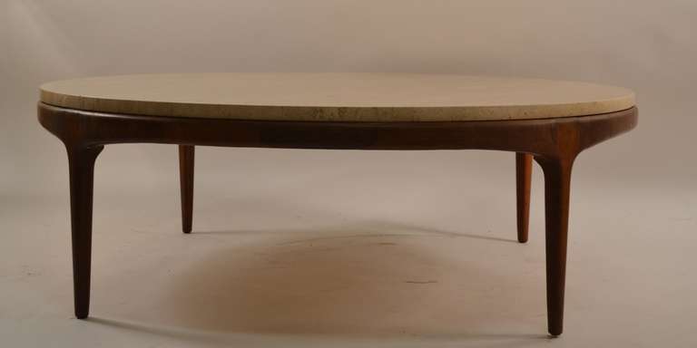 Mid-Century Modern Round Travertine Marble-Top Table