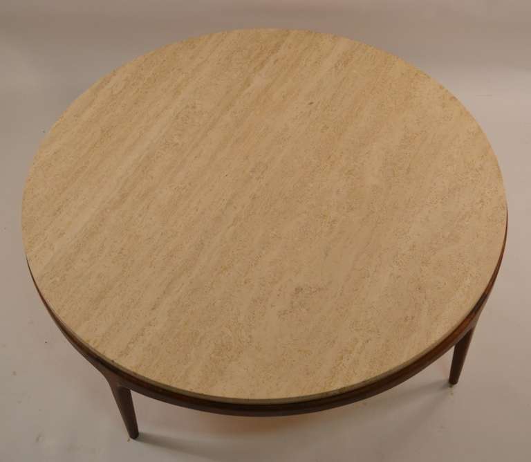 Walnut Round Travertine Marble-Top Table