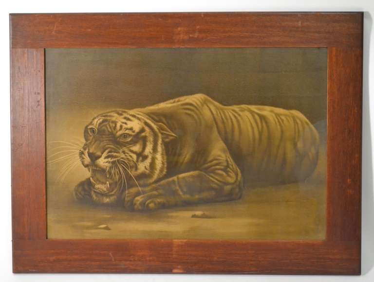 American Overscaled Arts and Crafts Mission Oak Framed Tiger Print