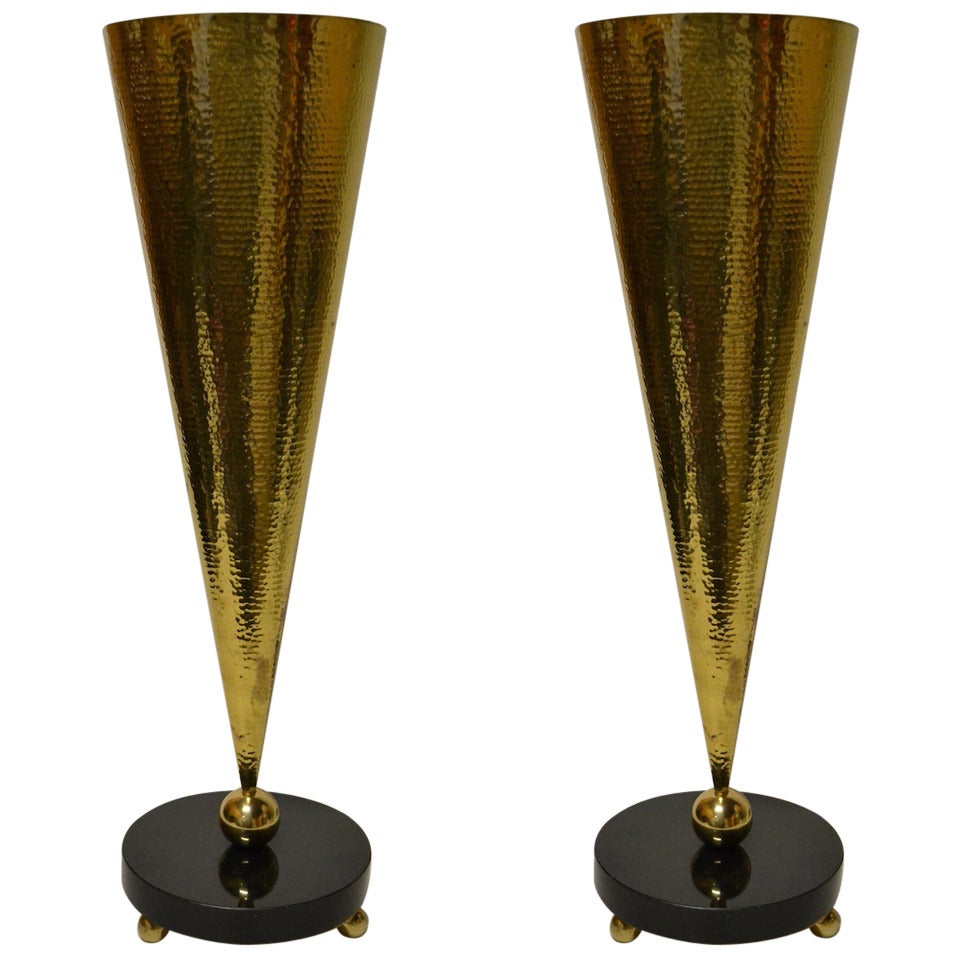 Pair of Hammered Brass and Marble Table Torchieres For Sale