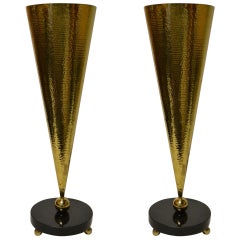 Pair of Hammered Brass and Marble Table Torchieres