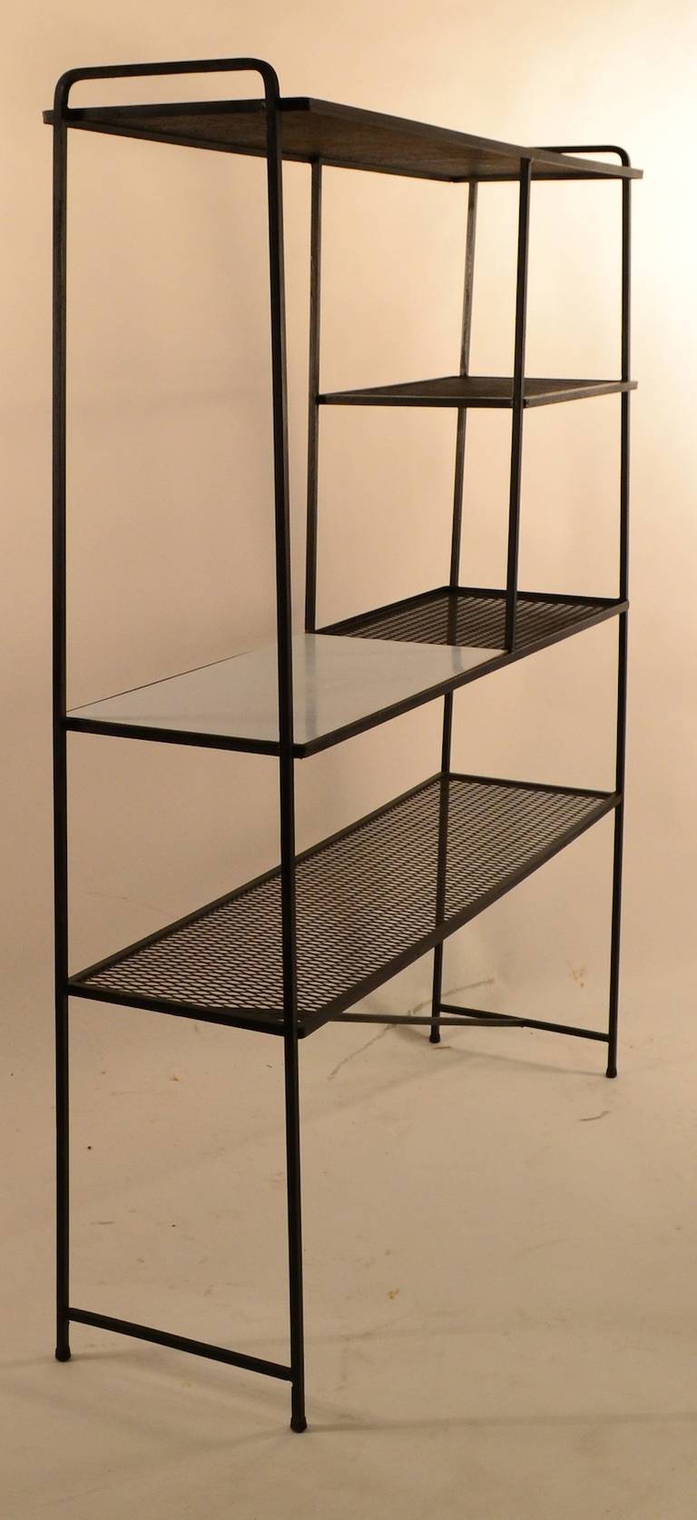 Freestanding Squared Iron, Mesh, and Laminate Shelf by Freda Diamond 2