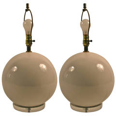 Pair of Ceramic Ball Lamps with Lucite Bases