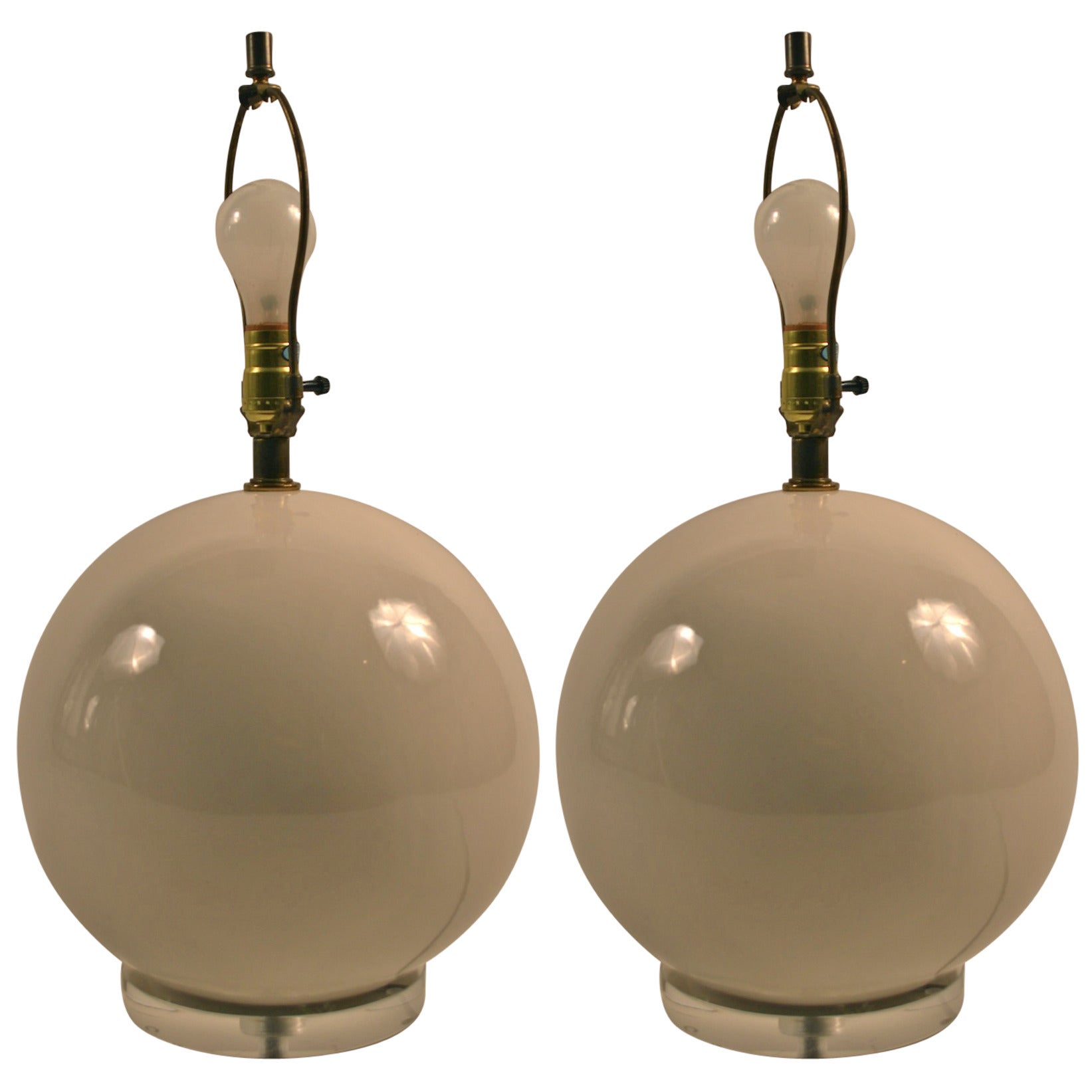 Pair of Ceramic Ball Lamps with Lucite Bases