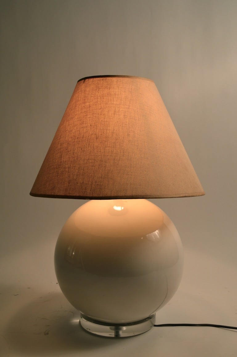 American Pair of Ceramic Ball Lamps with Lucite Bases
