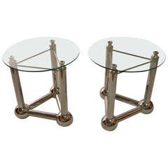 Pair Tubo Chrome And Glass End Tables