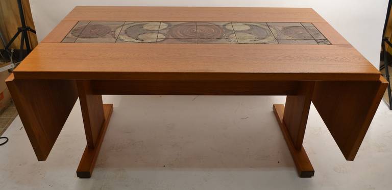 Extra Long Danish Ox Art, Drop-Leaf Dining Table with Tile  Decoration In Good Condition In New York, NY