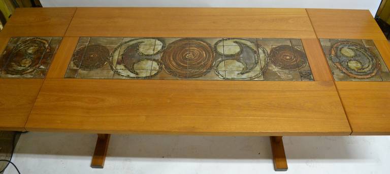 Mid-20th Century Extra Long Danish Ox Art, Drop-Leaf Dining Table with Tile  Decoration