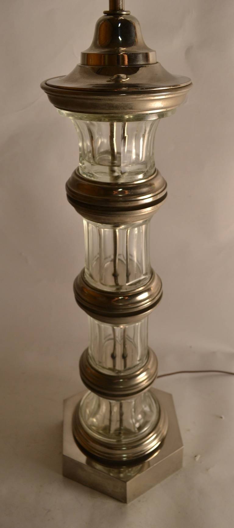 20th Century Glass Column Lamp with Silver Details For Sale