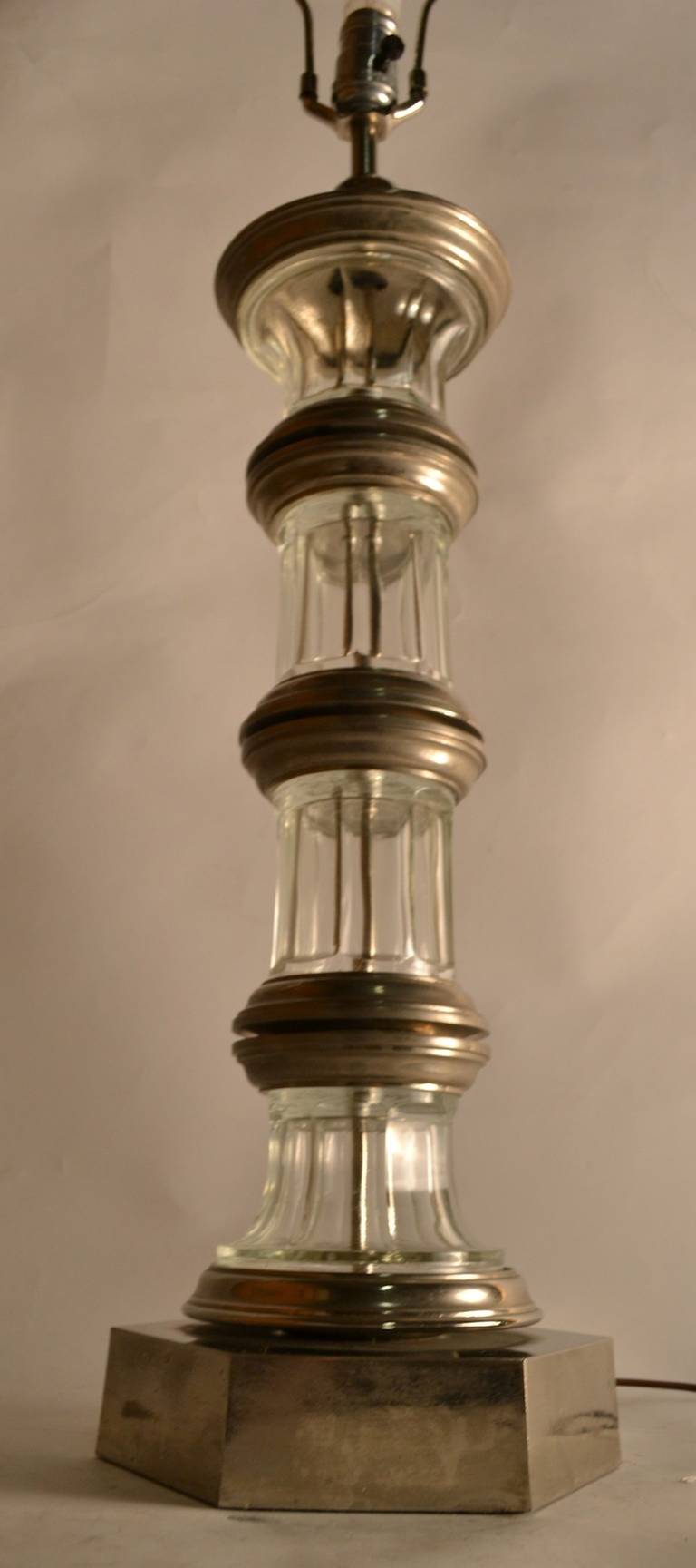 Silver and glass column lamp attributed to Paul Hanson. Elegant style and fine quality. Original shade available, but as is.