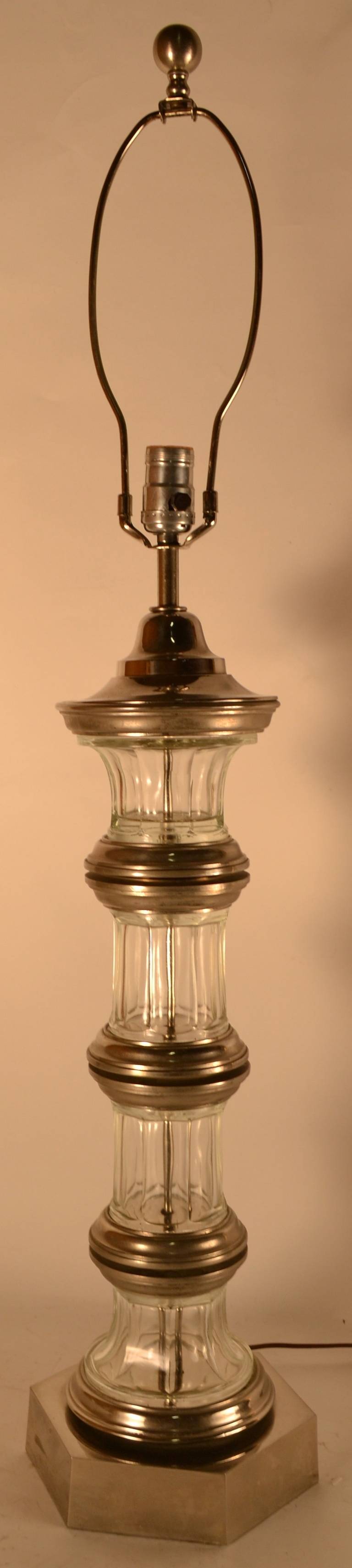 Glass Column Lamp with Silver Details In Excellent Condition For Sale In New York, NY