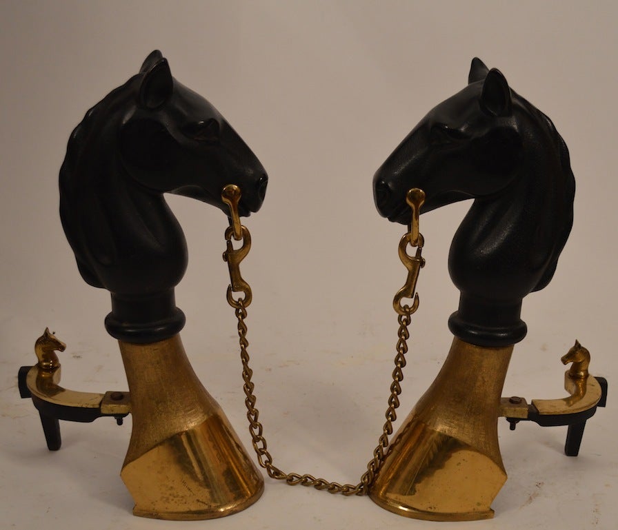 American Pair of Brass and Iron Horse Andirons