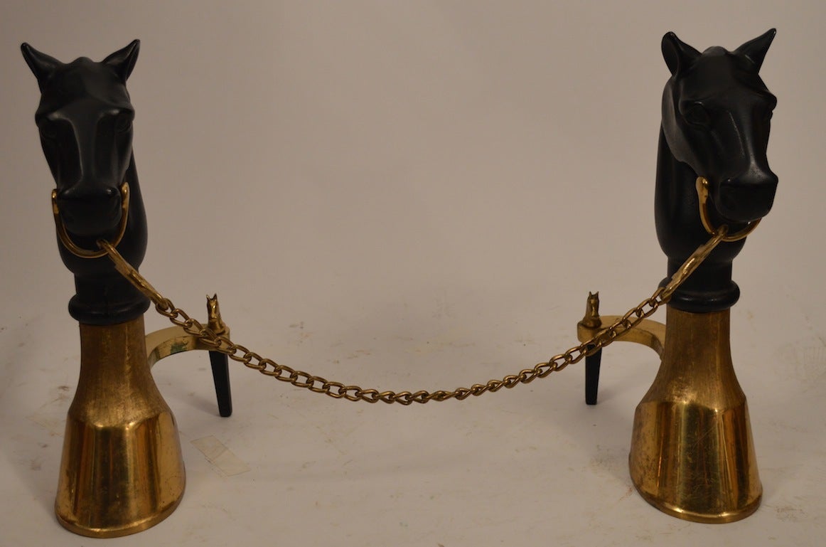 Mid-Century Modern Pair of Brass and Iron Horse Andirons